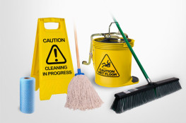 Full range of cleaning tools and products, signs, wipes, brooms, buckets, mops