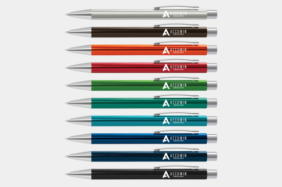 Lancer Pens, coloured anodised aluminium, chrome highlights, colour printing or laser engraving