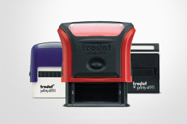 Cheap self-inking stamps, customised, black, red, blue, green, violet ink, range of sizes